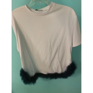 White T-shirt with blue feather detailing